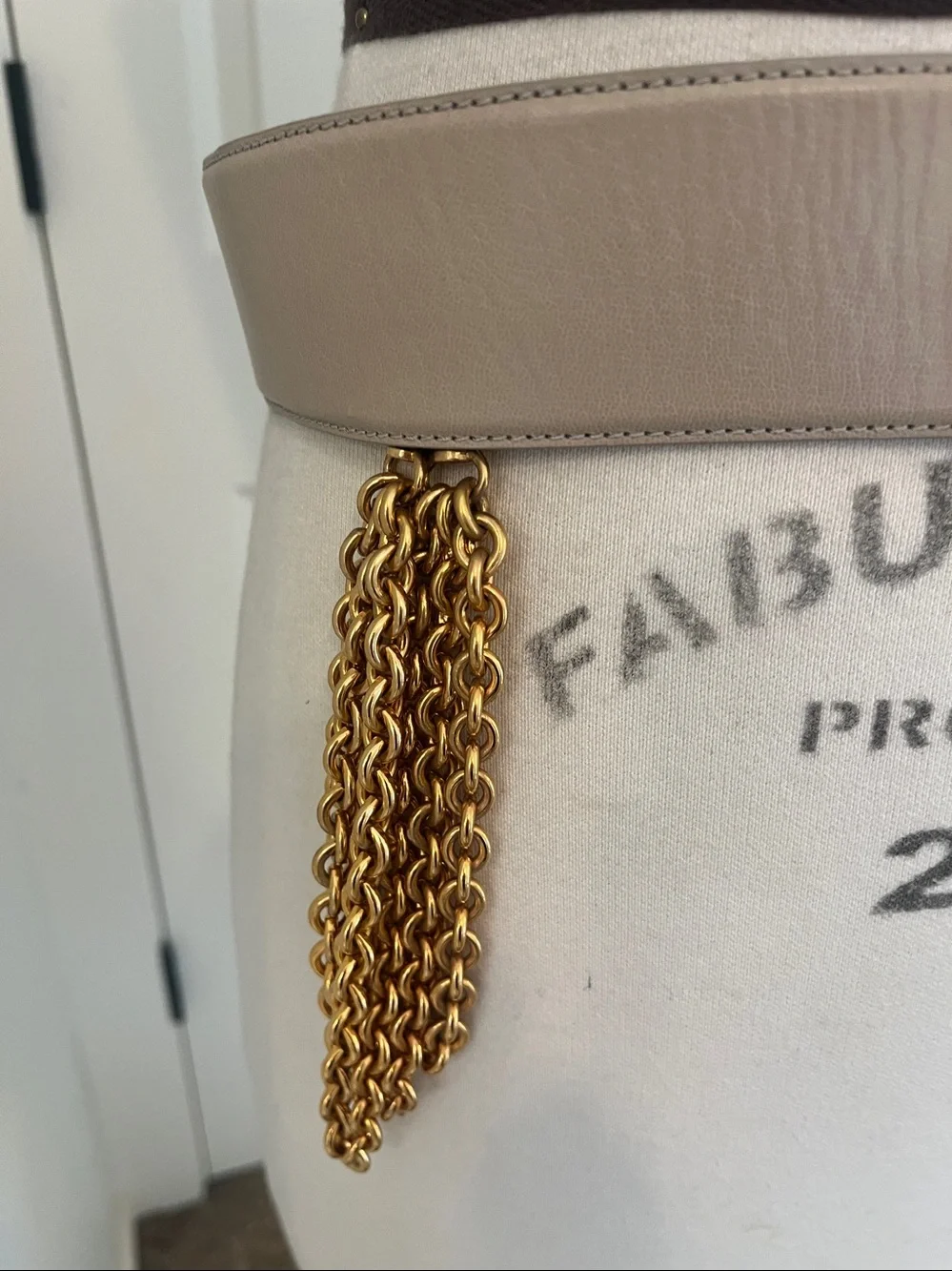 Gold-Tone Hardware Taupe Leather Chain-Accent Donna Karan adjustable belt